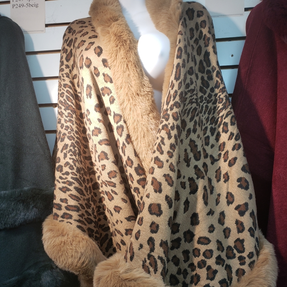 Leopard Poncho w/ Black Fur Trim